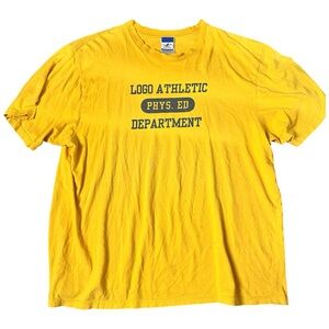 Vintage 90s Logo Athletic Phys Ed T-Shirt XL Yellow Distressed Spell Out USA